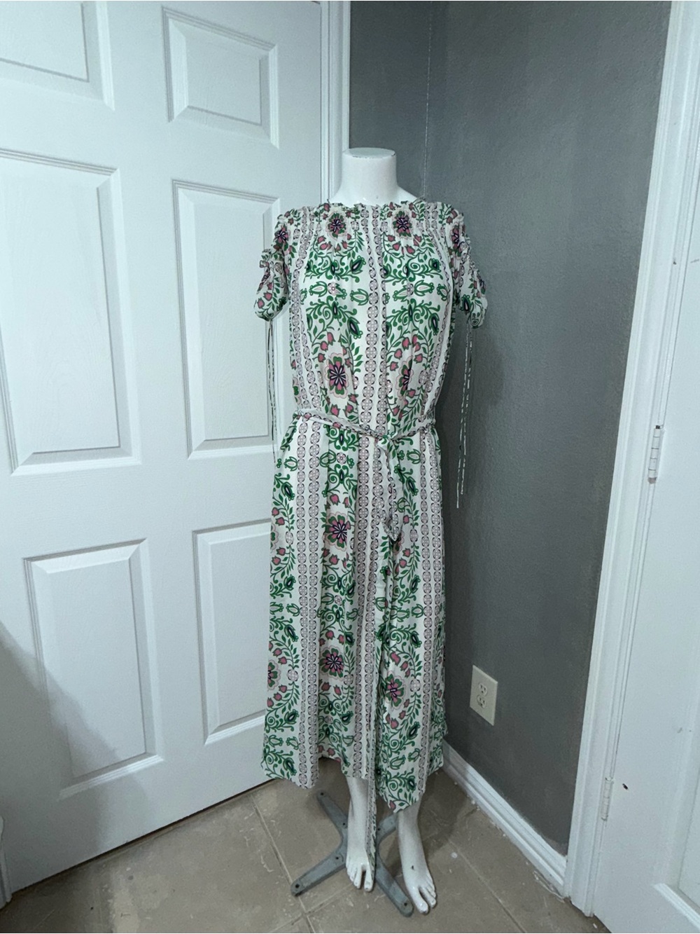 Tory Burch White Midi Dress with Green and Pink Floral Print